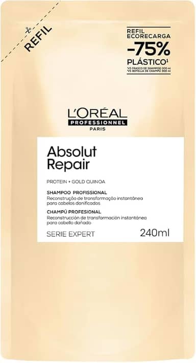 L'Oréal Professionnel Serie Expert Absolut Repair, Shampoo Reconstrutor para Cabelos Danificados e Finos Refil com Quinoa Dourada, Reparação Profunda e Brilho Intenso 240ml