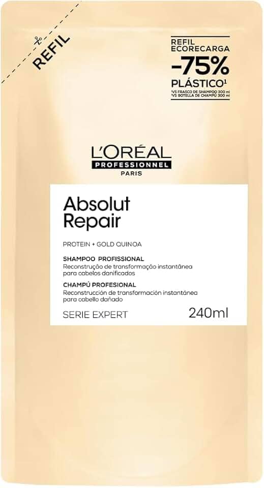 L'Oréal Professionnel Serie Expert Absolut Repair, Shampoo Reconstrutor para Cabelos Danificados e Finos Refil com Quinoa Dourada, Reparação Profunda e Brilho Intenso 240ml
