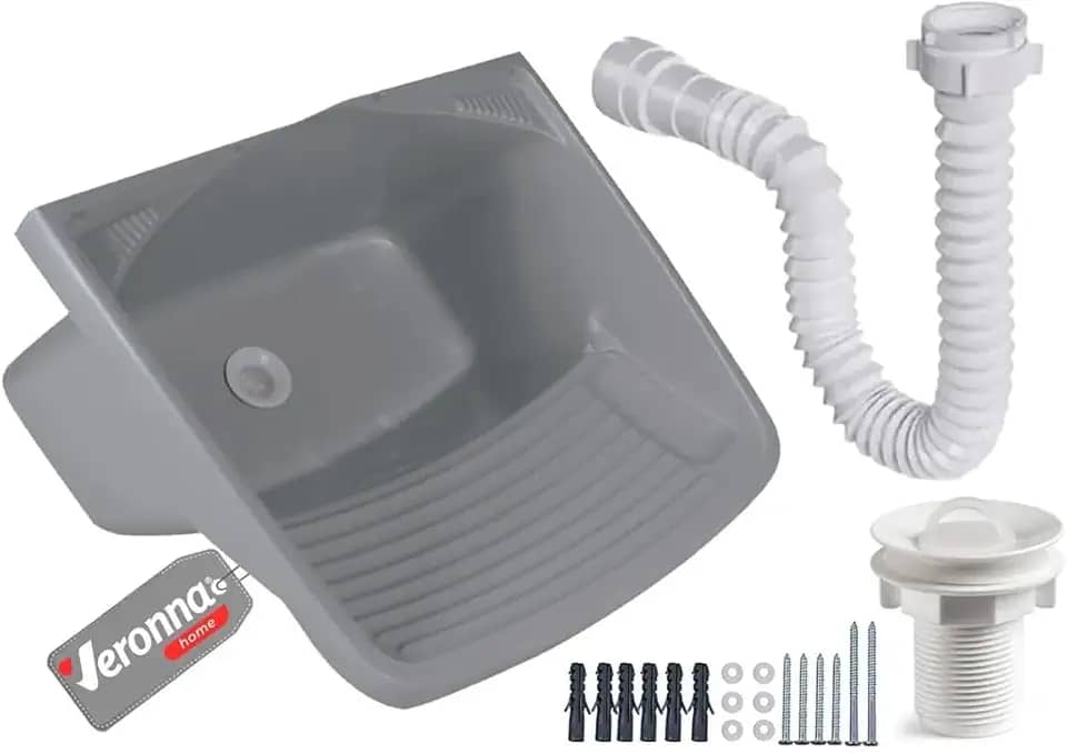 Tanque Plástico Lavar Roupas C/Sifão E Valvula Lavanderia 24l Veronna Cor Cinza Claro