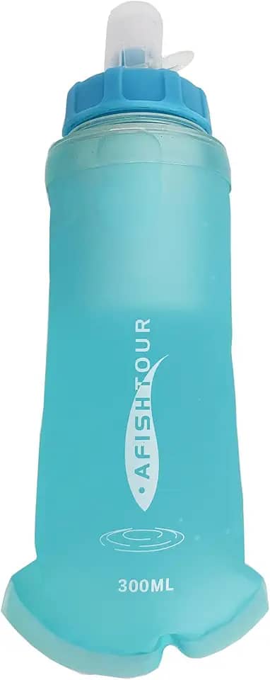 AFISHTOUR Frasco macio dobrável com filtro – garrafa de água leve – 300 ml para corrida em trilha, caminhadas, viagens, ciclismo e pesca; livre de BPA (azul transparente)
