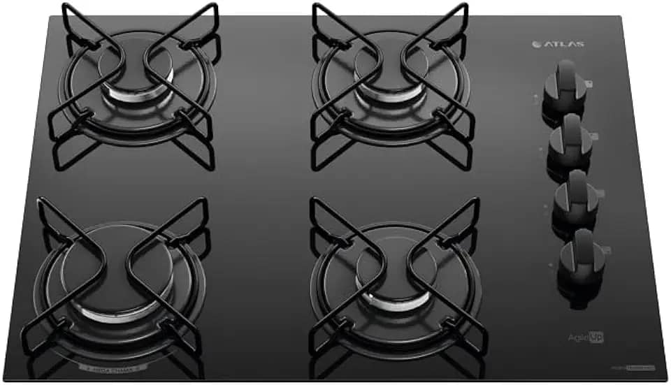 Cooktop 4 Bocas Preto Mesa de Vidro Atlas Agile Up Mega Chama Bivolt