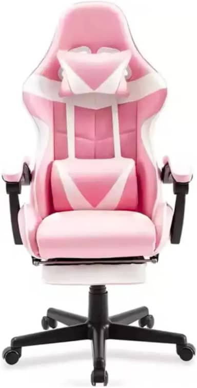 Cadeira Gamer Ergonômica Reclinável Com Apoio De Pés Premium Preto Branco Rosa
