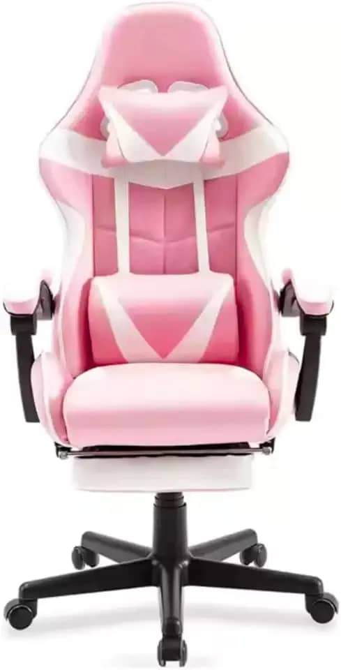 Cadeira Gamer Ergonômica Reclinável Com Apoio De Pés Premium Preto Branco Rosa