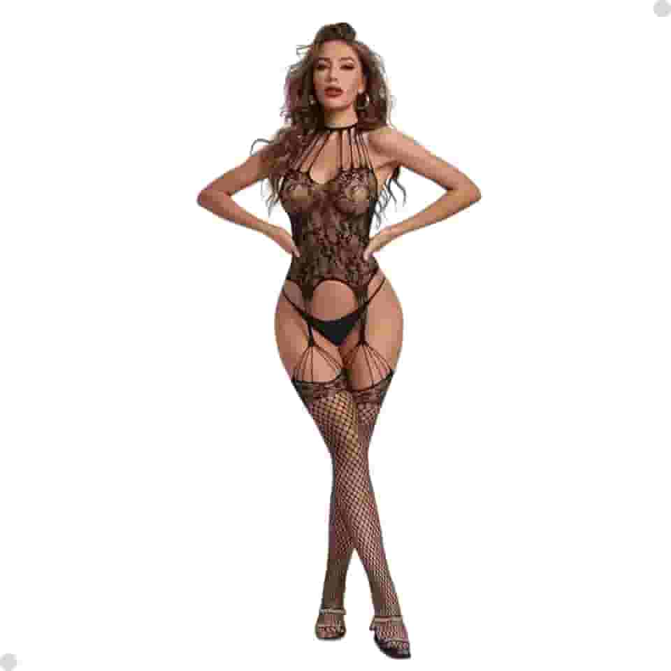 Macacão Arrastão Feminino Conjunto Lingerie Sensual Renda Bodystocking Luxo