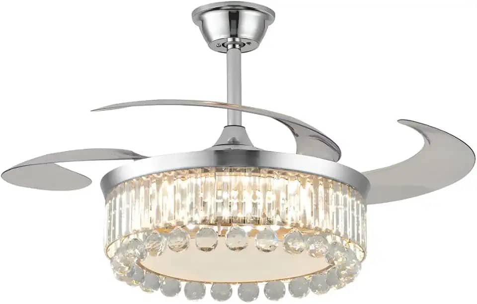 Ventilador De Teto Retrátil Cristal Prata 4 Pás Led Branco Quente E Frio Alto Padrão Great Home 110/220v