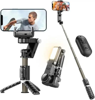 Estabilizador para Selfies de Celular, Estabilizador de Dois Eixos com Luz de Relleno e Rotação Automática de 360°, Tripé com Controle Remoto Sem Fio e Configuração por Cena através de Aplicativo