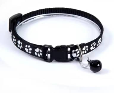 Coleira para Gato com Estampa de Patinhas, Preta com Branco, com Guizo