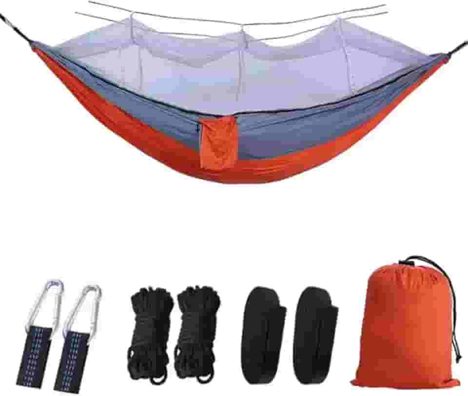 Rede de Descanso com Mosquiteiro, 260 x 140 cm, Laranja e Cinza, com Kit de Instalação