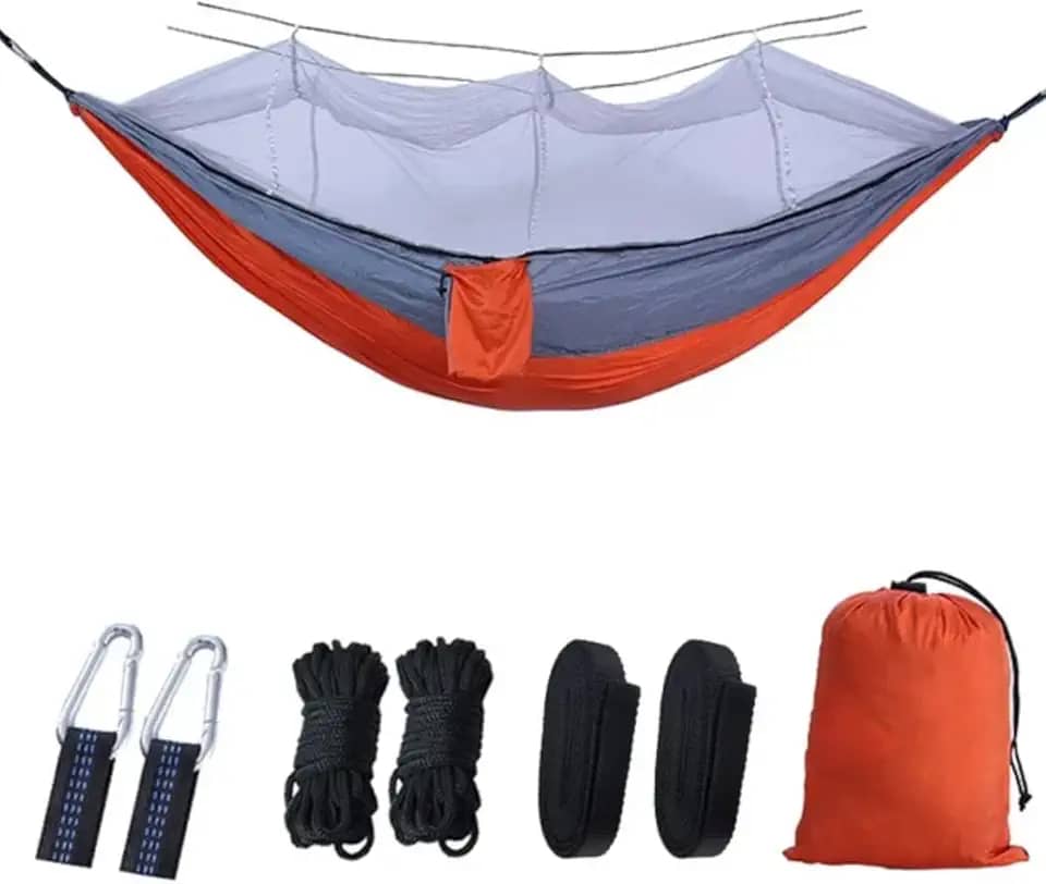 Rede de Descanso com Mosquiteiro, 260 x 140 cm, Laranja e Cinza, com Kit de Instalação