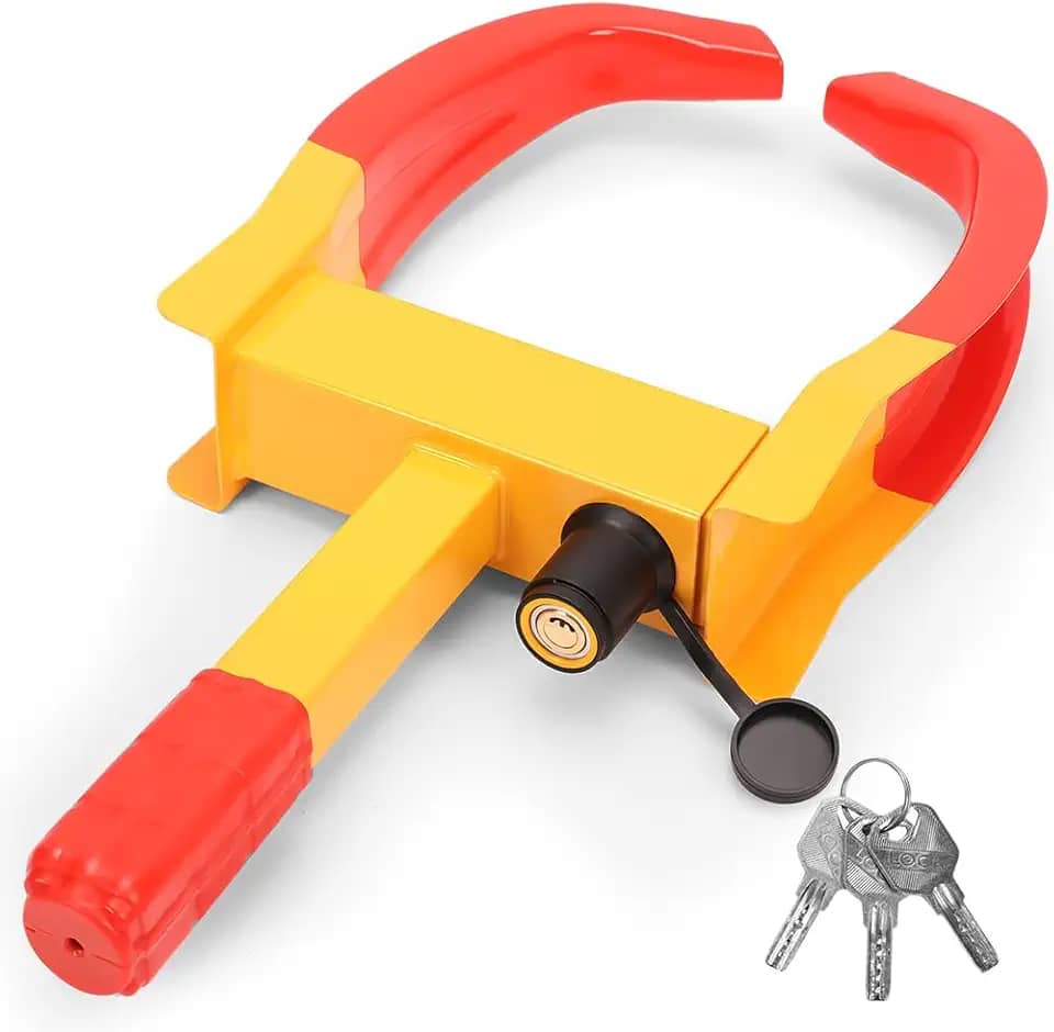 Trava de Roda Universal para Veículos, Trava de Roda Antifurto Resistente Adequada para Carro, Grampo Antifurto para Carros Moto SUV E Caravanas, Amarelo E Vermelho, Com 2 Chaves