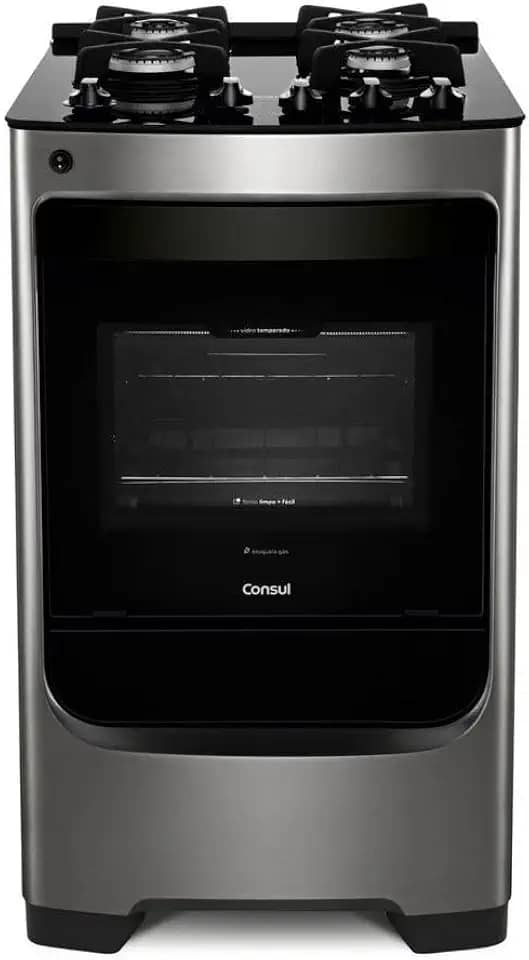 Fogão Consul 4 bocas cor Inox com mesa de vidro e grade de ferro fundido - CFO4VAR BIVOLT