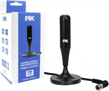 Antena Digital Interna e Externa Amplifica HDTV Cabo 5 Metros – Sinal Full HD, UHF/VHF/FM, Base C/Imã – Prova d'água - Ideal para Conversores Digital - Plug 90 Graus.