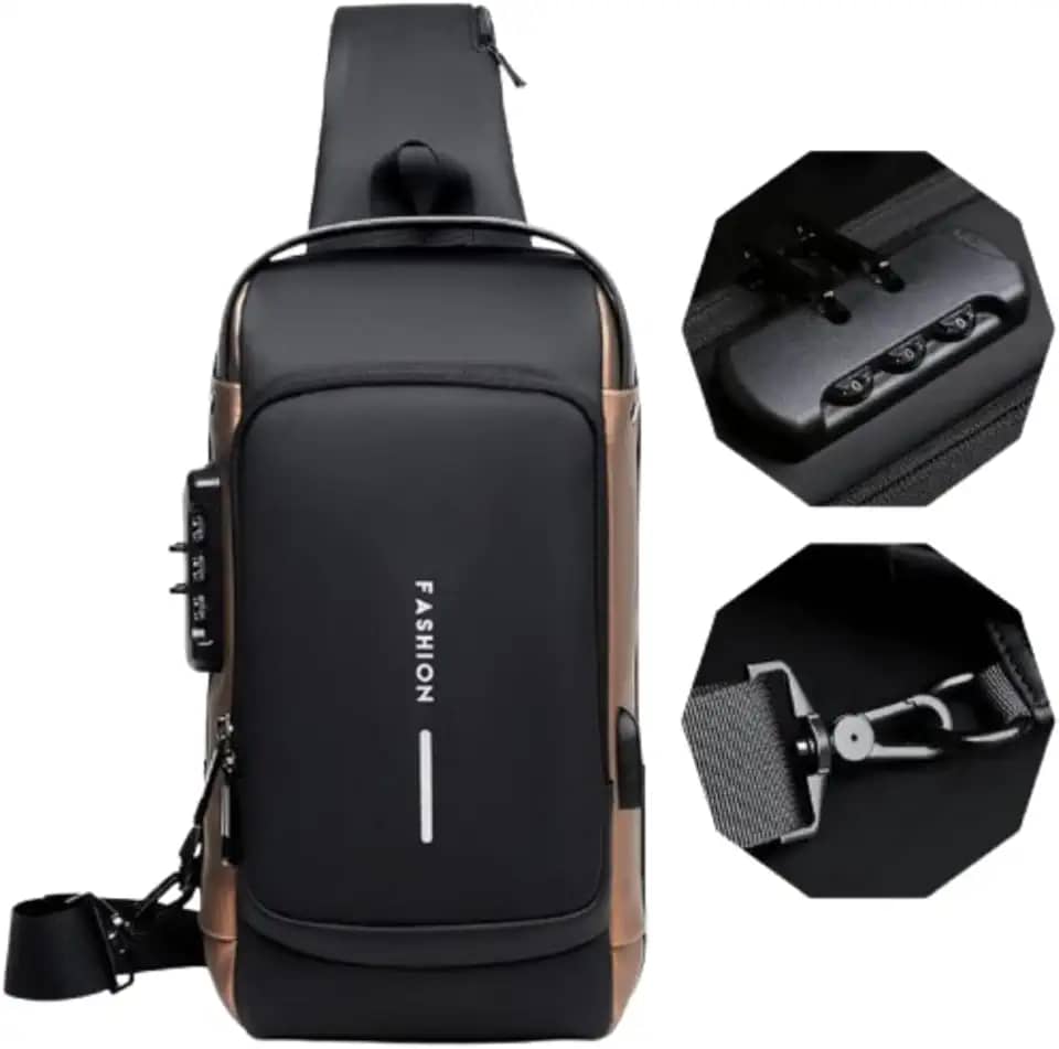 Bolsa Masculina Pochete de Couro Antifurto, Impermeável, com USB, Transversal, Couro, Anti-Roubo, Esportiva, Academia (Preto com Dourado)