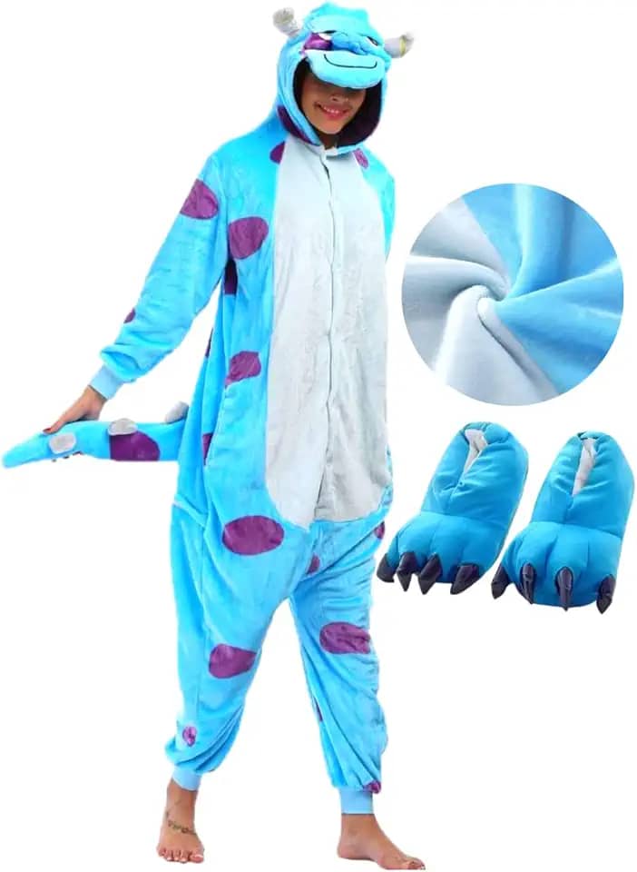Kit Pijama com Pantufa Kigurumi Monstro Azul Macacão com Capuz de Frio