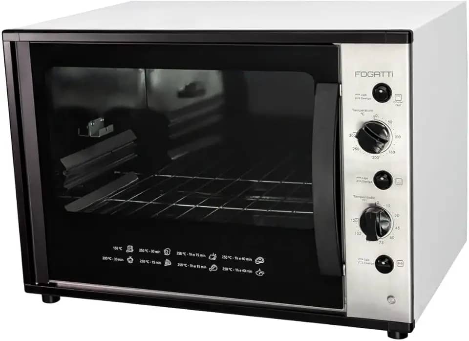 Forno Elétrico Com Espeto Giratório, 60 Litros, Bancada, Fogatti, Interior Easy Clean, Dourador, Até 300Cº 220V