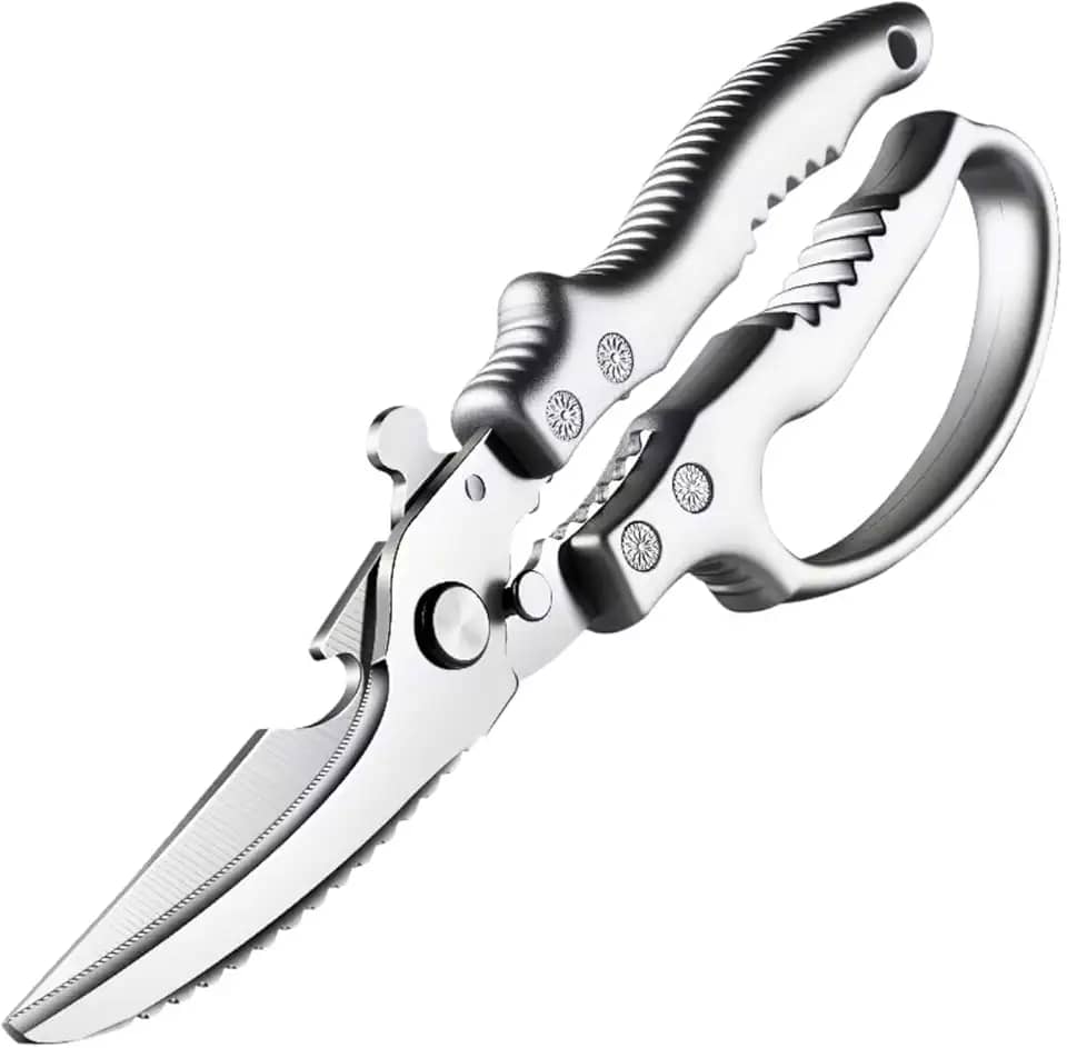 Tesoura de Cozinha Multifuncional em Aço Inox, Profissional, Lâminas Afiadas, Cabo Ergonômico, Trava de Segurança,Corte Preciso para Carnes, Aves, Peixes, Legumes e Uso Doméstico