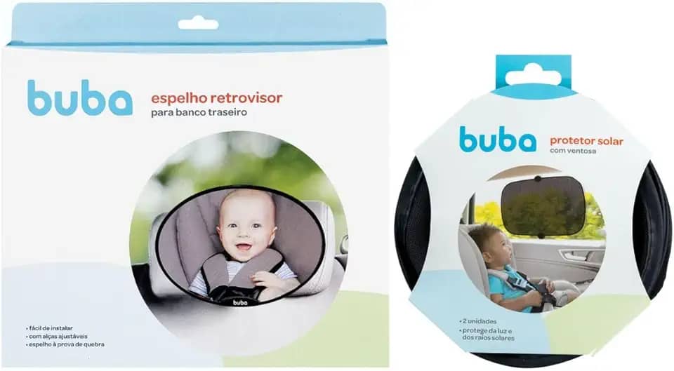 Kit Espelho Retrovisor Oval Banco Traseiro Bebê Conforto Cadeirinha Carro e Kit Protetor Solar com Ventosas Buba (Protetor Solar Simples)