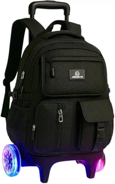 Mochila Escolar com Rodinhas LED, 3 Compartimentos, 4 Bolsos, Alça Dupla, resistente e regulagem de altura, Unisex