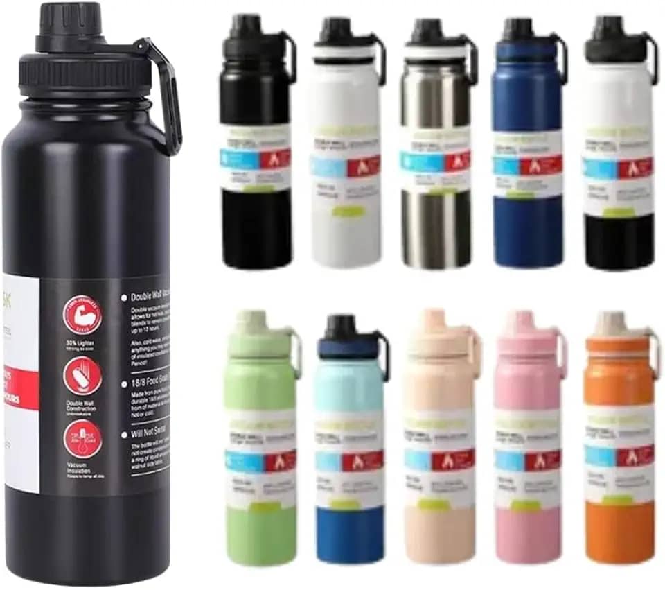 Garrafa de Água Térmica aço Inox Esportiva Academia Isolada a Vácuo Aço Inox (304) com 800ml (Preto, 800 ml)