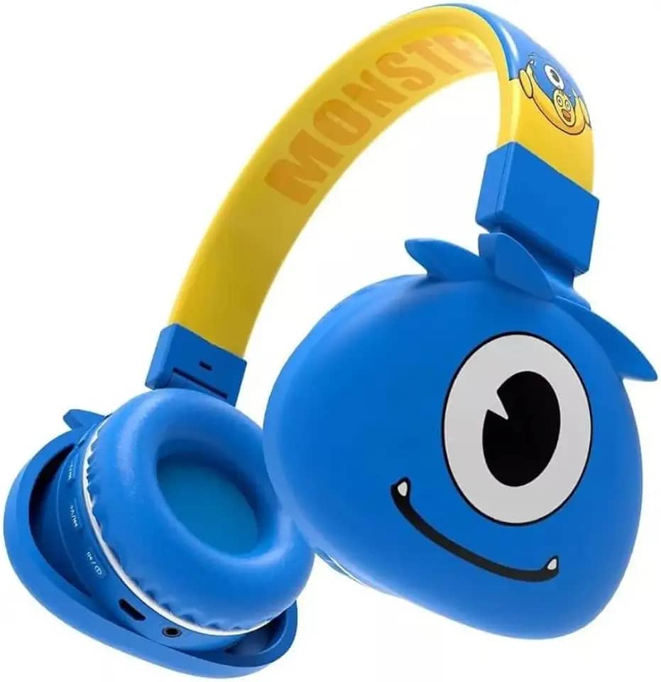 Fone de Ouvido Monstrinho Bluetooth Infantil - 8 Modelos Divertidos, Conforto com Almofadas Macias, Ajuste de Altura, Conexão Bluetooth e Dobrável (Azul)