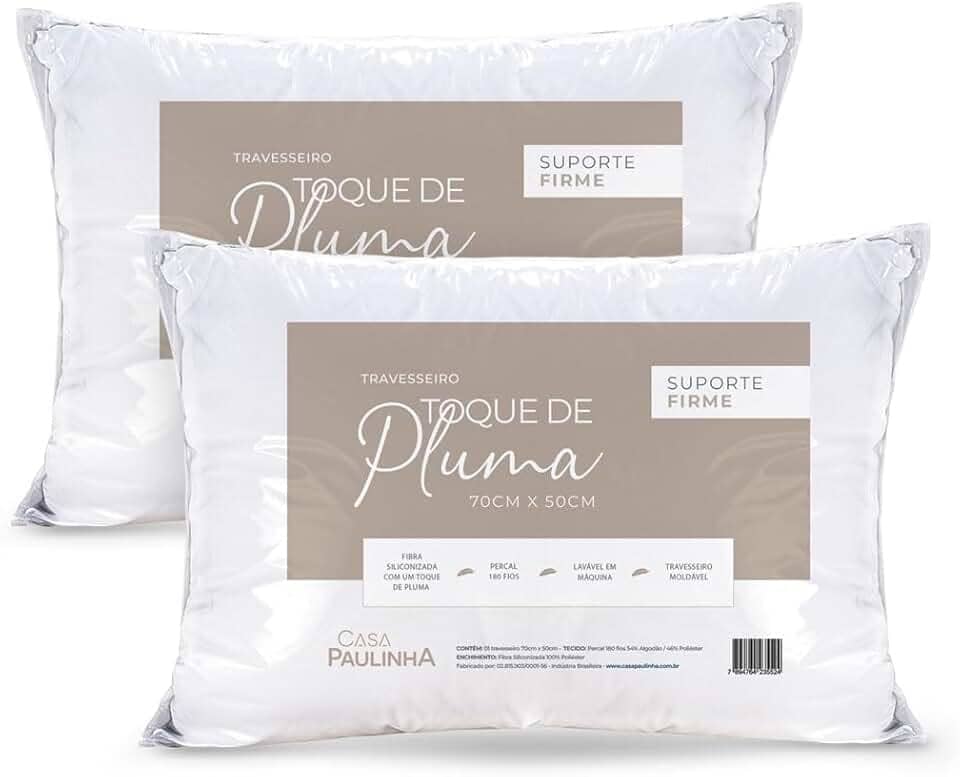 Kit 02 Travesseiros Toque de Pluma Pena Firme Percal 180 Fios 70x50cm Antiestresse, Lavável, Antiácaro, Antialérgico