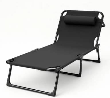 Espreguiçadeira Dobrável Portátil VMSTARK Preta | Cama de Descanso de Aço para Escritório, Camping e Casa | Compacta, Confortável e Resistente até 150kg