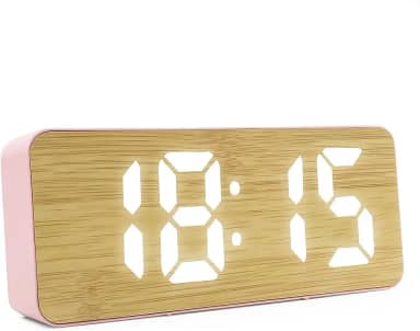 Relógio Despertador Digital de Mesa com Display LED 12/24h – Alarme, Calendário e Design Moderno em Bambu para Quarto, Escritório ou Setup (Rosa)