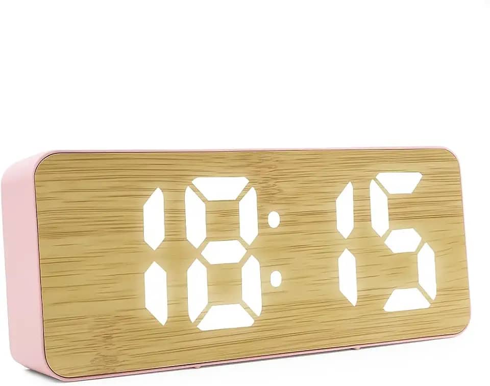 Relógio Despertador Digital de Mesa com Display LED 12/24h – Alarme, Calendário e Design Moderno em Bambu para Quarto, Escritório ou Setup (Rosa)
