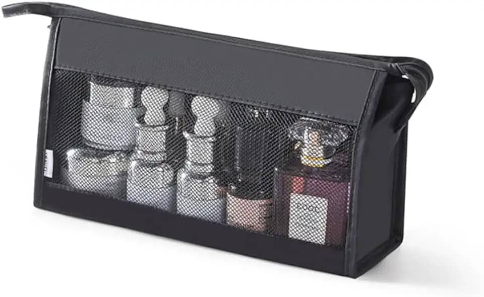 Necessaire Feminina para Viagem com Bolso Interno e Tela – Grande, Espaçosa e Ideal para Cosméticos, Higiene, Shampoo e Perfumes (Preta)