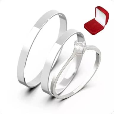 Alianças Italianas Par Aço Inox Prata Namoro Compromisso com Caixa de Veludo e Anel Solitário Bella Bijoux Deluxe
