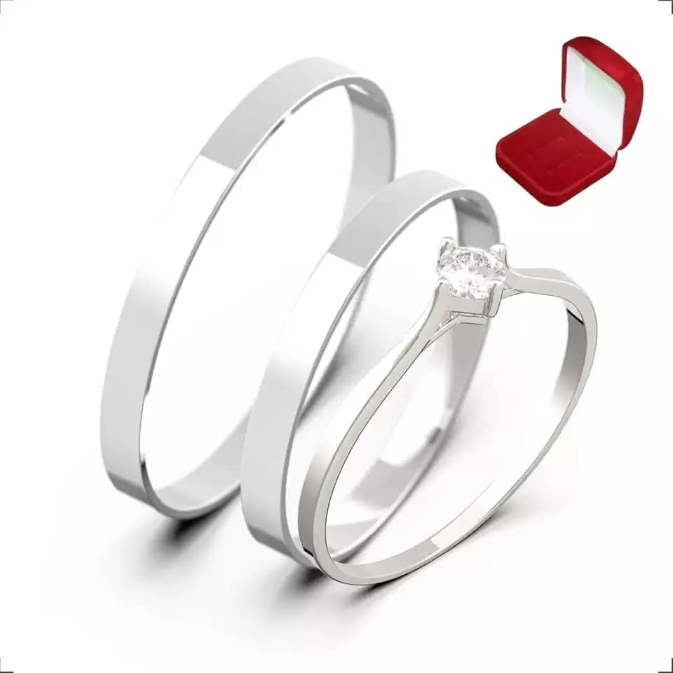 Alianças Italianas Par Aço Inox Prata Namoro Compromisso com Caixa de Veludo e Anel Solitário Bella Bijoux Deluxe