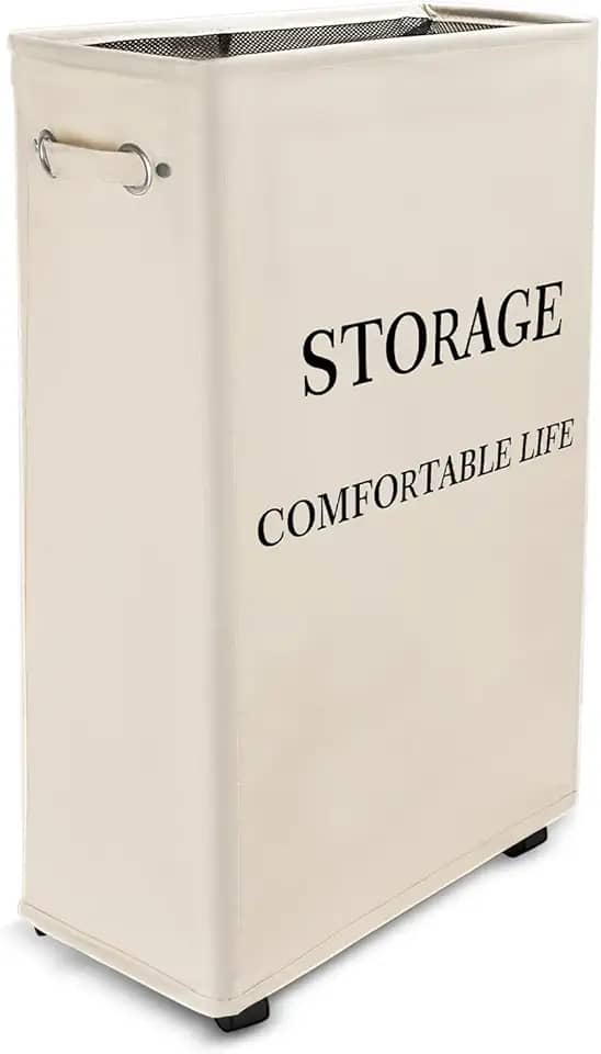 Cesto de Roupa Suja com Rodas 63 cm, 49.6 Litros Cesto de Roupa Suja Dobrável com Alça, Cesto de Armazenamento Alto, Organizador Multiuso Flexível Lavanderia Banheiro Quarto Dormitório (Bege)