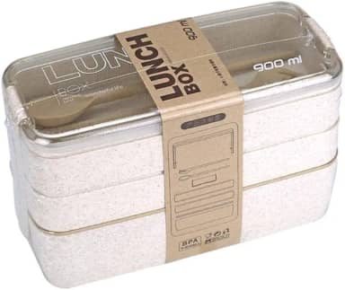 Marmita/Lancheira Japonesa (Bento) Com 3 Compartimentos e Talheres 900ml (Bege)