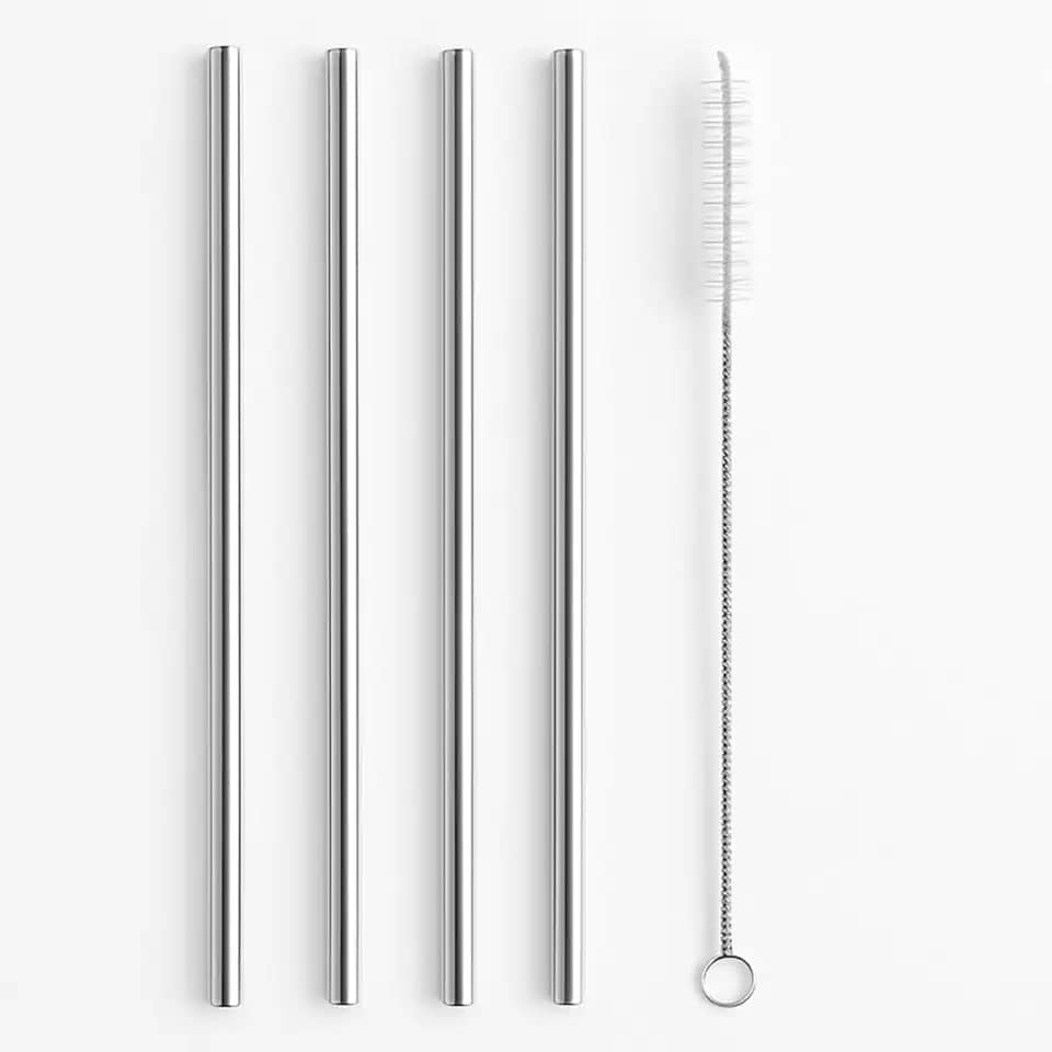 Kit De Canudos De Aço Inox Reutilizáveis Com 4 Unidades Retos De 21,5cm Com Escova De Limpeza