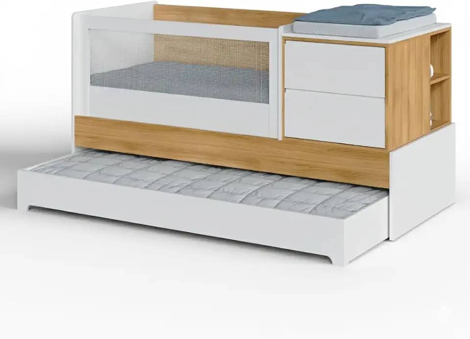 Berço Multifuncional Sol e Mar 7 em 1 Divicar com Cômoda Acoplada, Cama Auxiliar, Escrivaninha e Sistema Antirrefluxo Pneumático em MDF com Acabamento Laqueado UV (Branco/Carvalho Treviso)