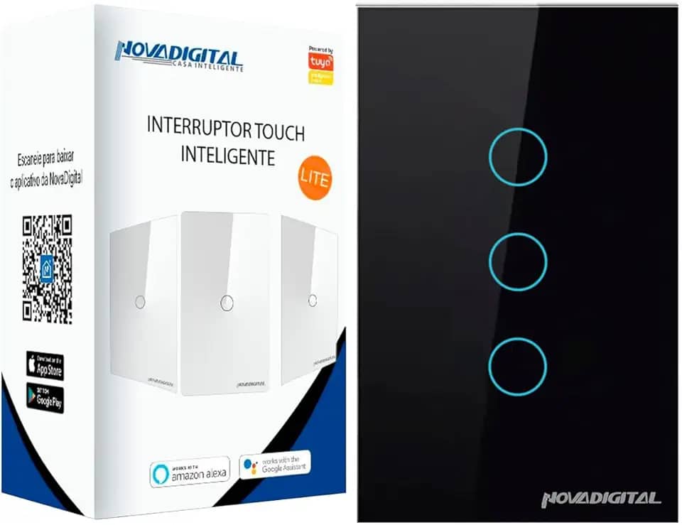 Interruptor Smart Wifi Inteligente Touch Nova Digital 3 botões Lite BR 4x2 Preto