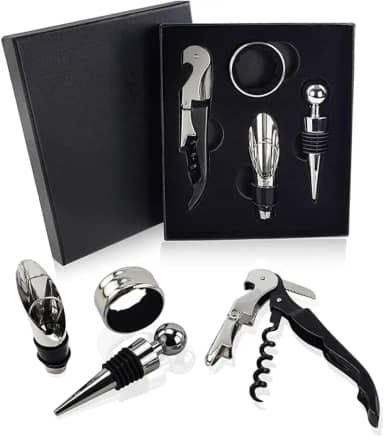 Conjunto de Acessórios para Vinho, 4 Peças, com Tampa Abridor Saca Rolhas Salva Gotas Aerador com Caixa