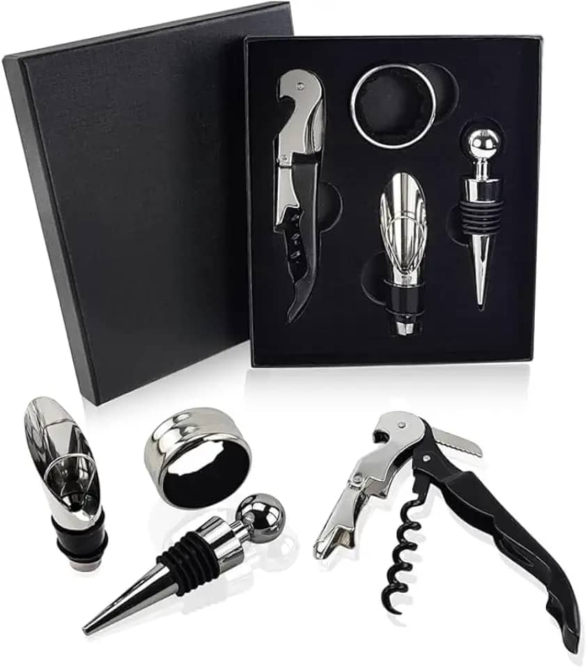 Conjunto de Acessórios para Vinho, 4 Peças, com Tampa Abridor Saca Rolhas Salva Gotas Aerador com Caixa