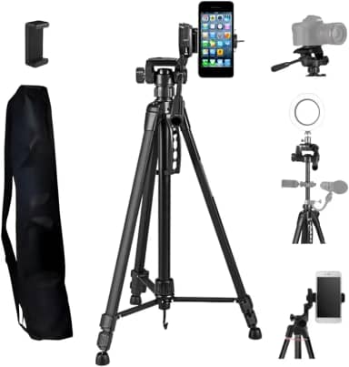 Tripé Profissional Celulares e Câmeras 1,50m de Altura, Estabilizador De Fotos e Vídeos, Suportes e Travas, Pés Antiderrapantes, Bolsa de Transporte, Regulagem de Altura e Nivelador, Cabeça 3 Vias