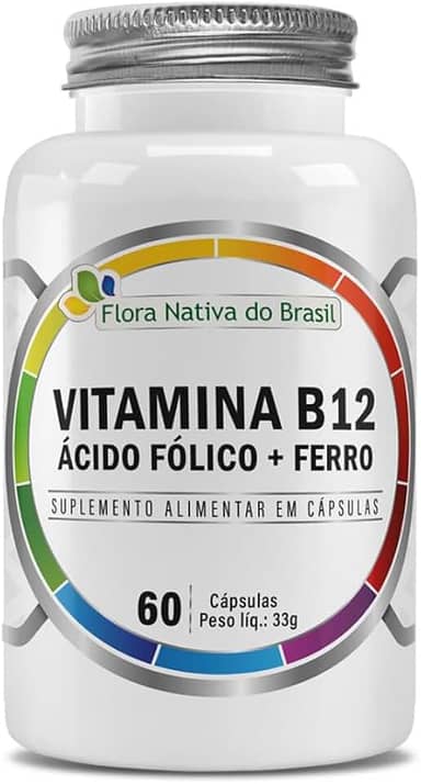 Suplemento de Vitamina B12, Ácido Fólico + Ferro 500mg 60 Capsulas - Flora Nativa
