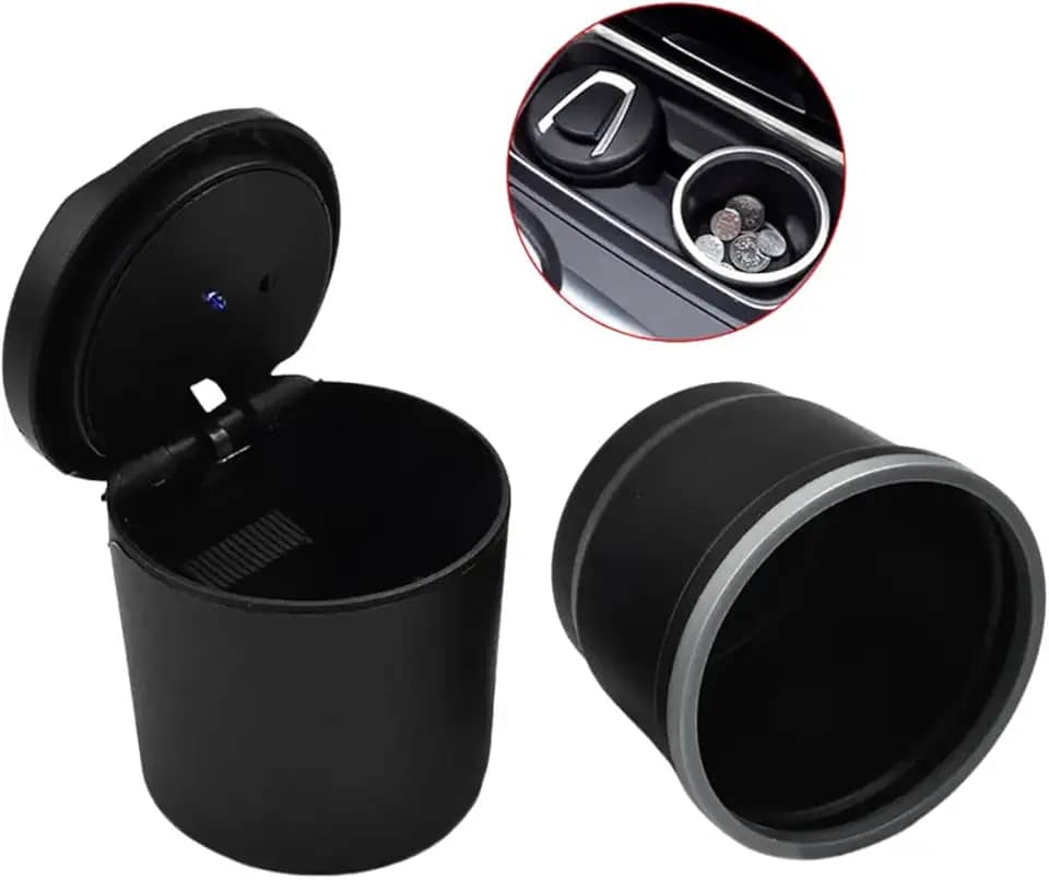 Cinzeiro Automotivo com LED Azul, Tampa Removível, 8,5 x 7,5 cm, Preto, Portátil, à prova de cheiro