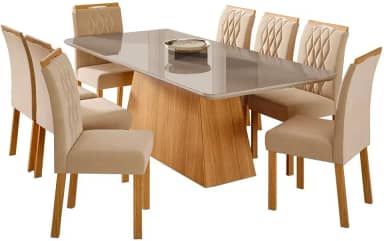 Mesa para Sala De Jantar Helena 210 x 100 cm e 8 Cadeiras Juliana Cimol Nature/off-white/madeira/nude