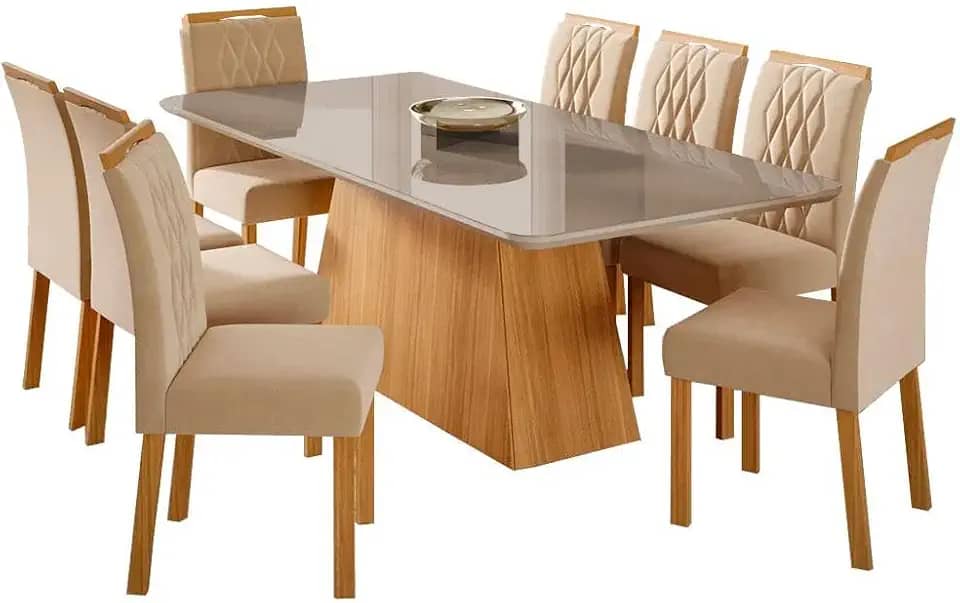 Mesa para Sala De Jantar Helena 210 x 100 cm e 8 Cadeiras Juliana Cimol Nature/off-white/madeira/nude