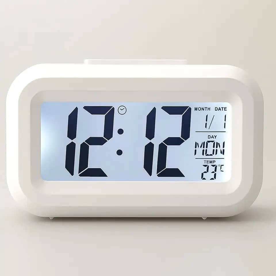 Relógio de Mesa Digital Despertador a Pilha com Termômetro e Calendário, Luz Noturna Azul, Design Moderno e Compacto para Quarto, Escritório e Viagem