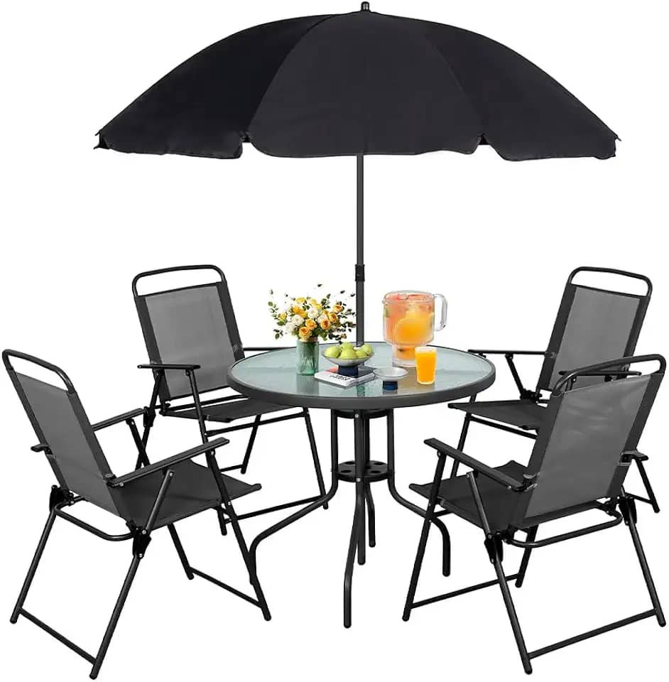 Conjunto Mesa HollyWave Redonda de Vidro com 4 Cadeiras Dobráveis e Guarda-Sol, Ideal para Jardim, Varanda, Quintal e Área de Lazer Externa