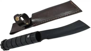Faca Tática de Combate Preta, Comprimento Total 24cm, Cabo Ergonômico Texturizado, com Bainha de Couro, Esporte, Camping, Pesca, Full Tang