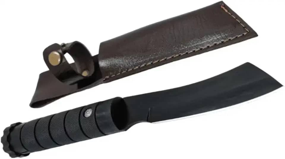 Faca Tática de Combate Preta, Comprimento Total 24cm, Cabo Ergonômico Texturizado, com Bainha de Couro, Esporte, Camping, Pesca, Full Tang
