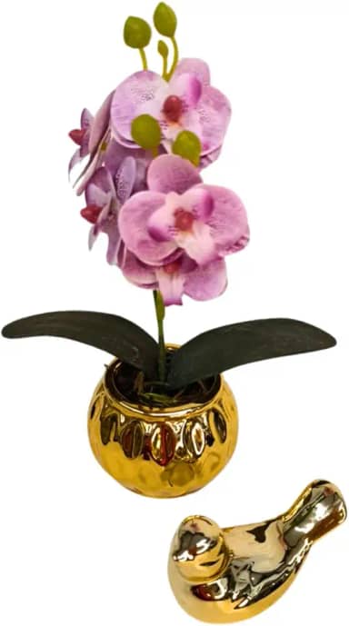 Orquídea Artificial 20cm Com Vaso E Passarinho Decorativo