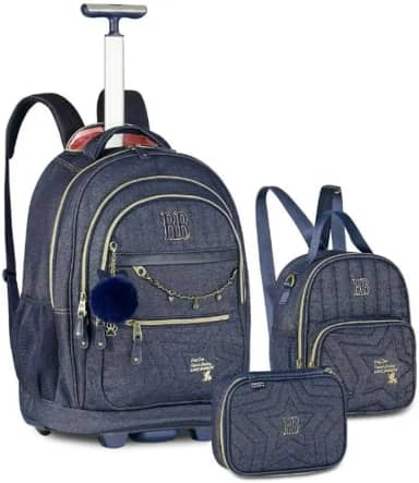Kit Mochila Carrinho Estojo Lancheira Rebecca Bonbon Jeans