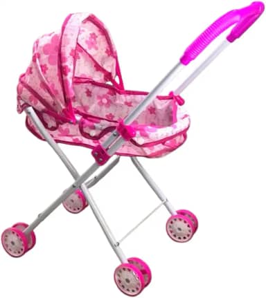 Carrinho de Boneca Berço Dobrável, 4 Rodas, Estampa Floral Rosa, Estrutura em Alumínio